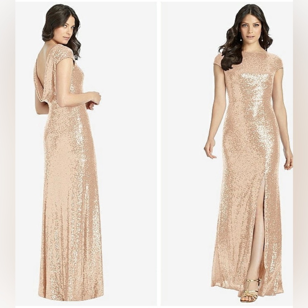 Dessy Group CAP SLEEVE COWL-BACK SEQUIN GOWN W FRONT SLIT IN ROSE GOLD Size 12